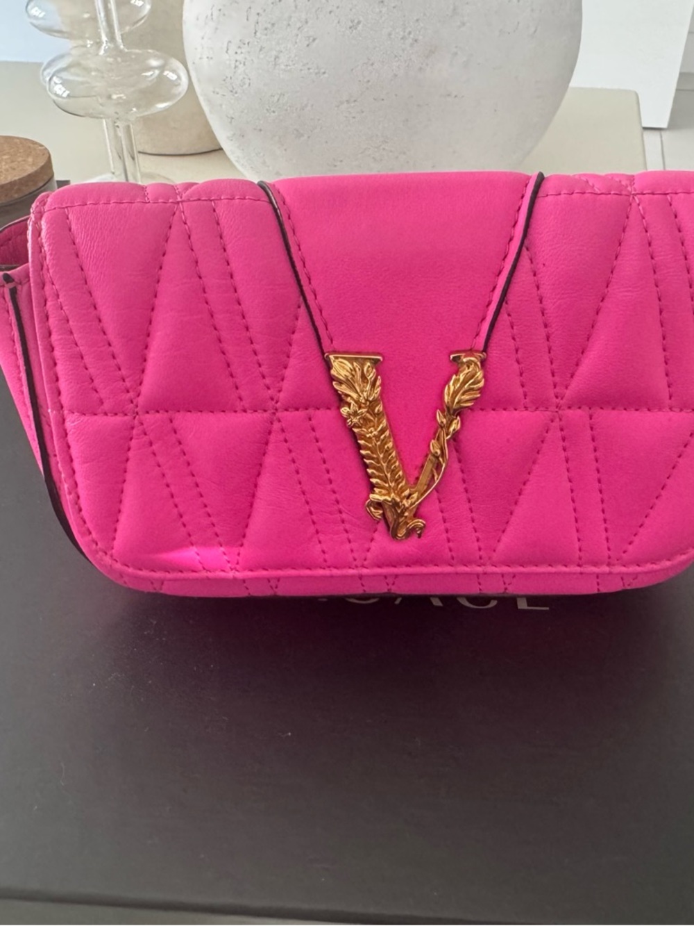 Versace Hot Pink Quilted Crossbody with Gold V Emblem